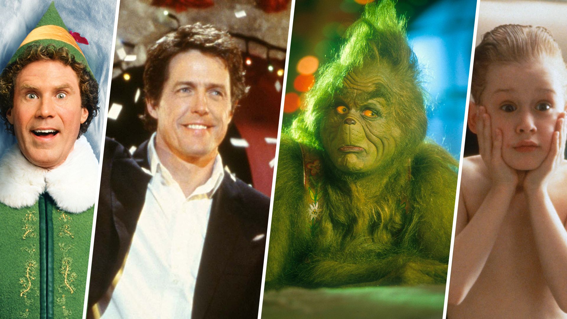 Split image - Will Ferrel in Elf, Hugh Grant in Love Actually, The Grinch and Macaulay Culkin in Home Alone
