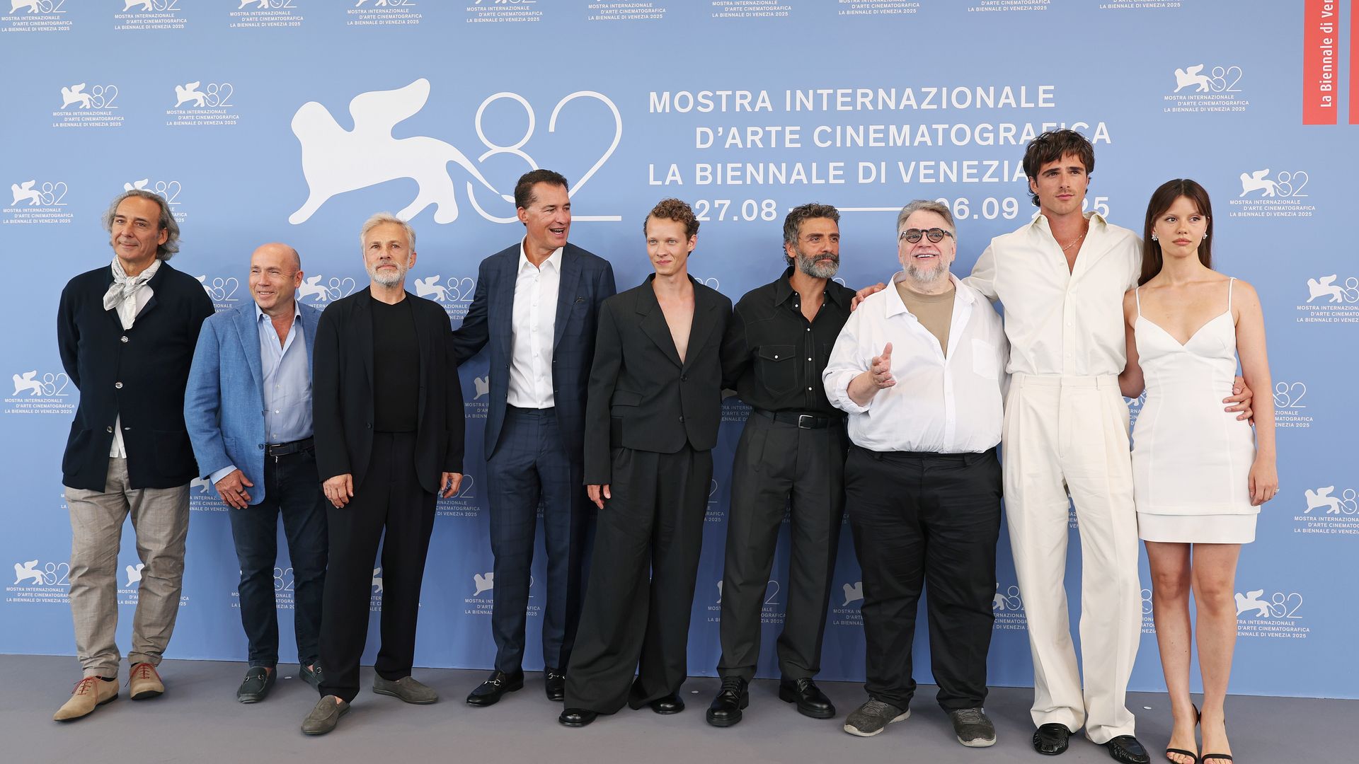 Alexandre Desplat, J. Miles Dale, Christoph Waltz, Scott Stuber, Felix Kammerer, Oscar Isaac, Guillermo del Toro, Jacob Elordi and Mia Goth attend the "Frankenstein" photocall during the 82nd Venice International Film Festival on August 30, 2025 in Venice, Italy