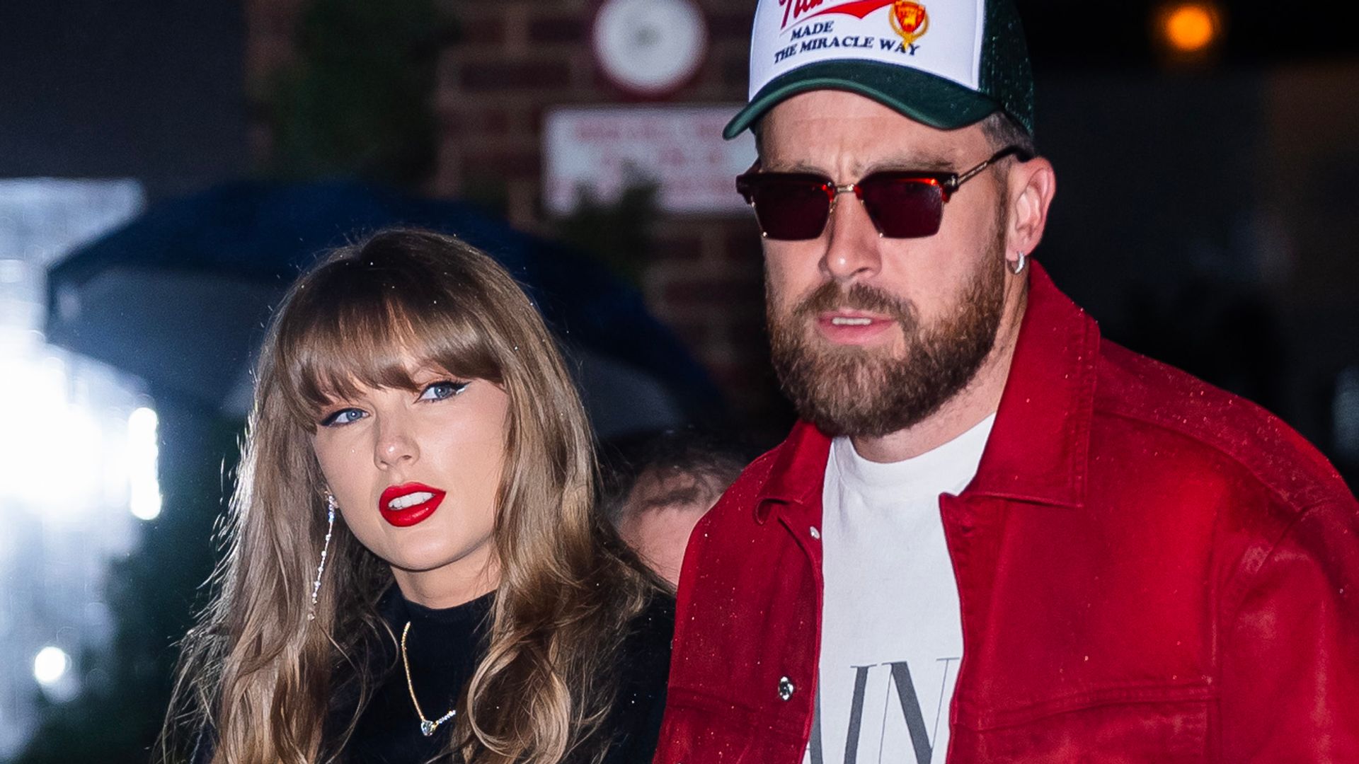 Taylor Swift (L) and Travis Kelce are seen in the Meatpacking District on December 28, 2024 in New York City. (Photo by TheStewartofNY/GC Images)