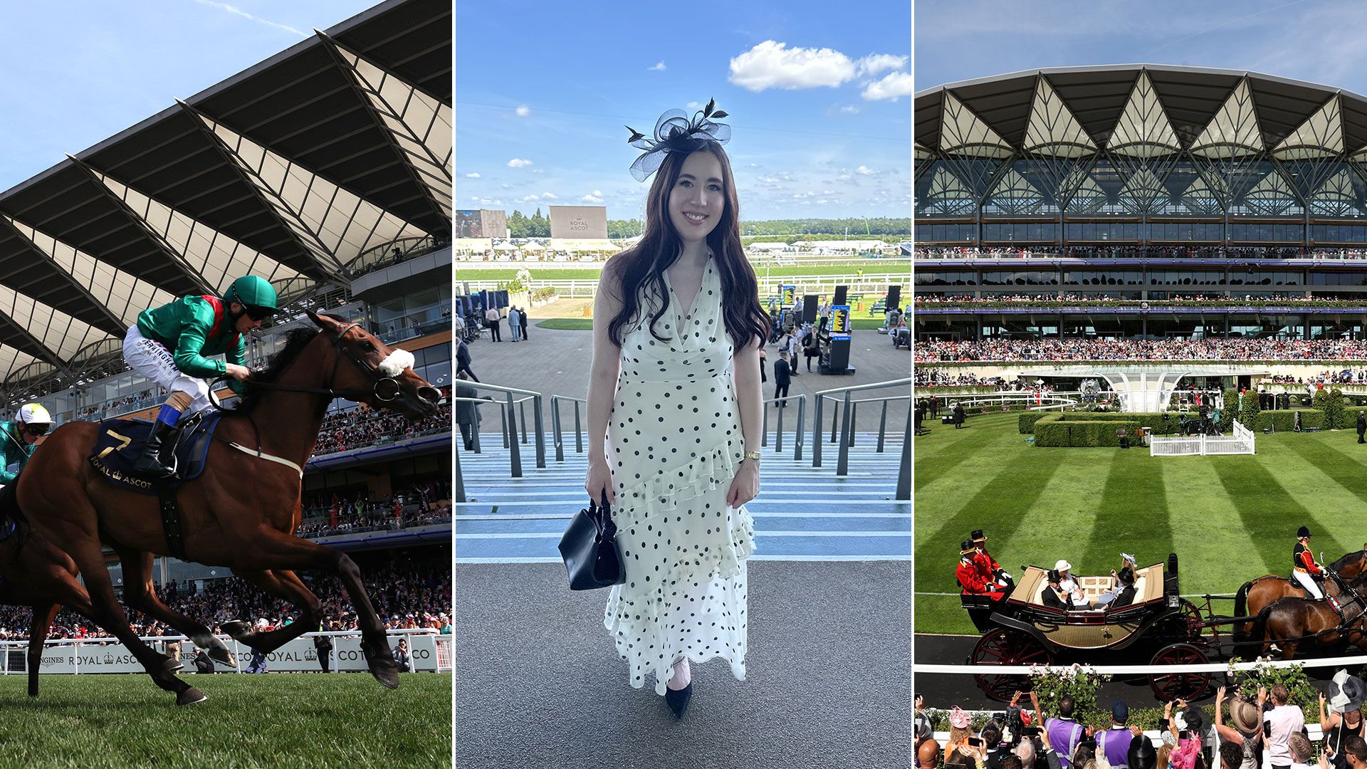 two images of royal ascot with woman in middle in polka dot dress