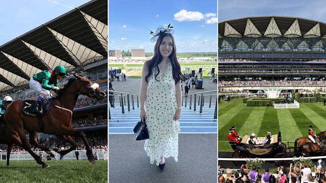 two images of royal ascot with woman in middle in polka dot dress