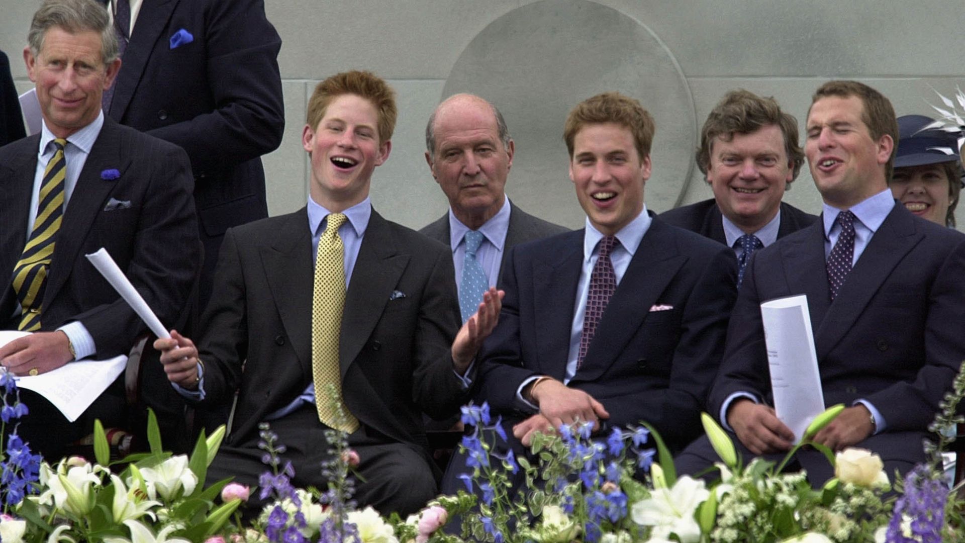Harry, William and Peter laughing during parade at the Queen's Golden Jubilee