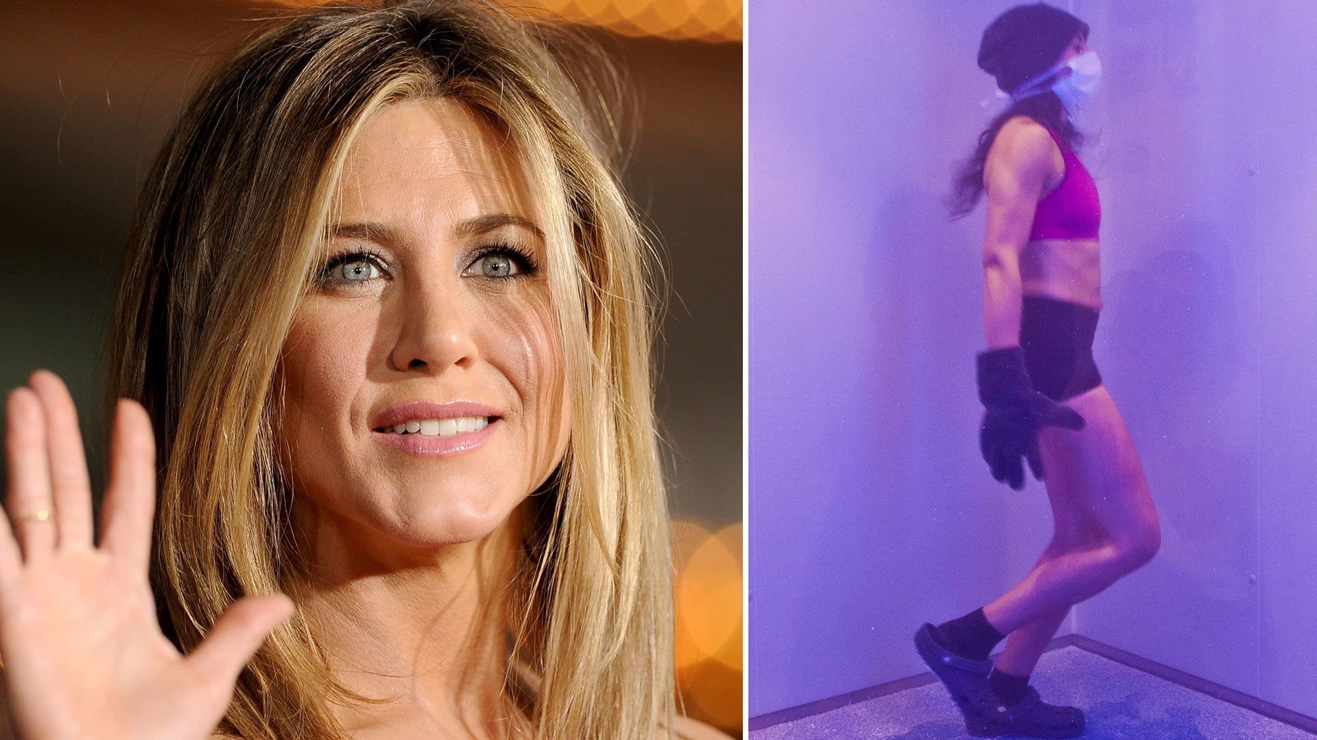 Jennifer Aniston waving next to a woman running in a cryotherapy chamber