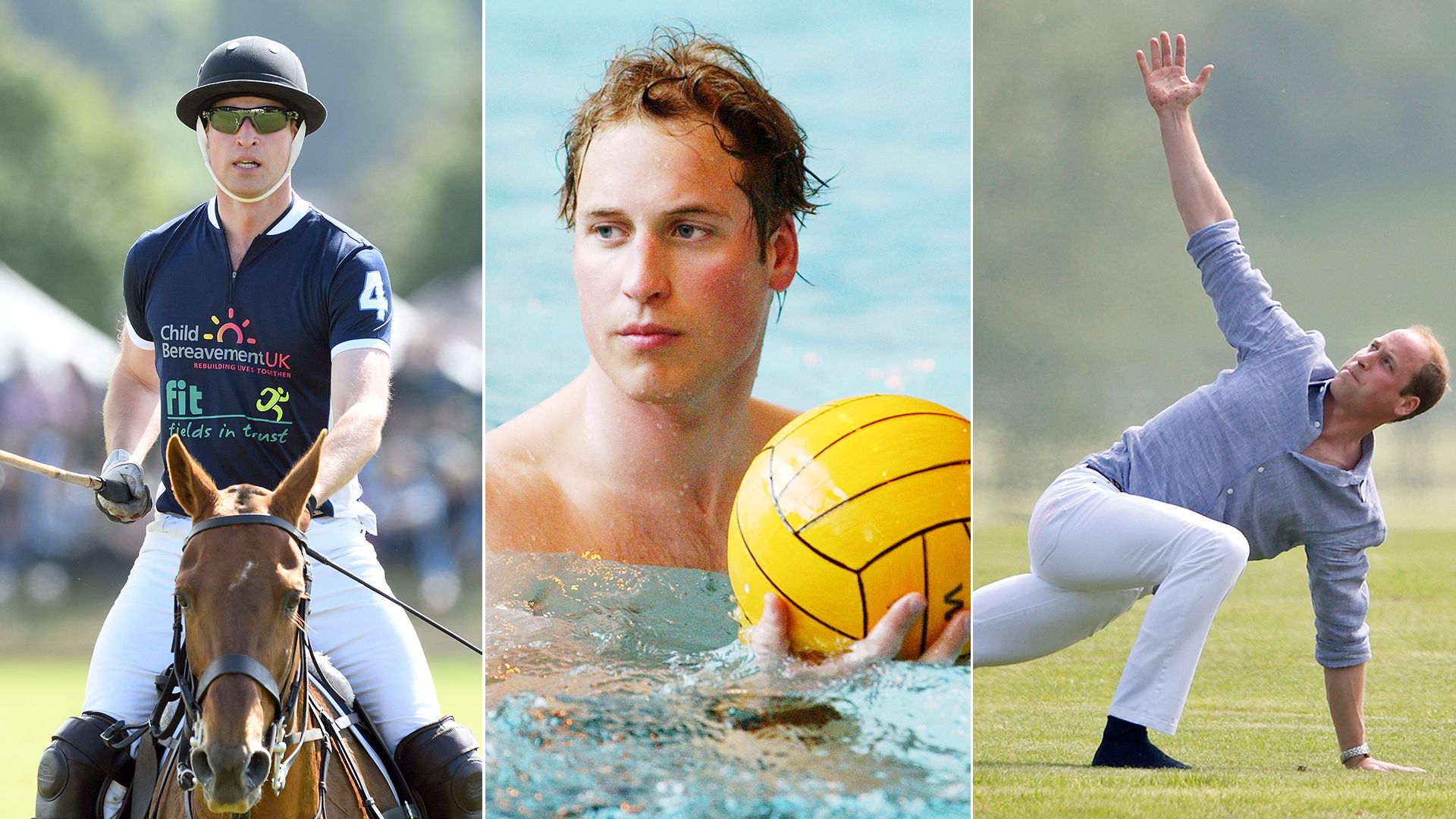 Prince William playing polo, swimming and doing yoga
