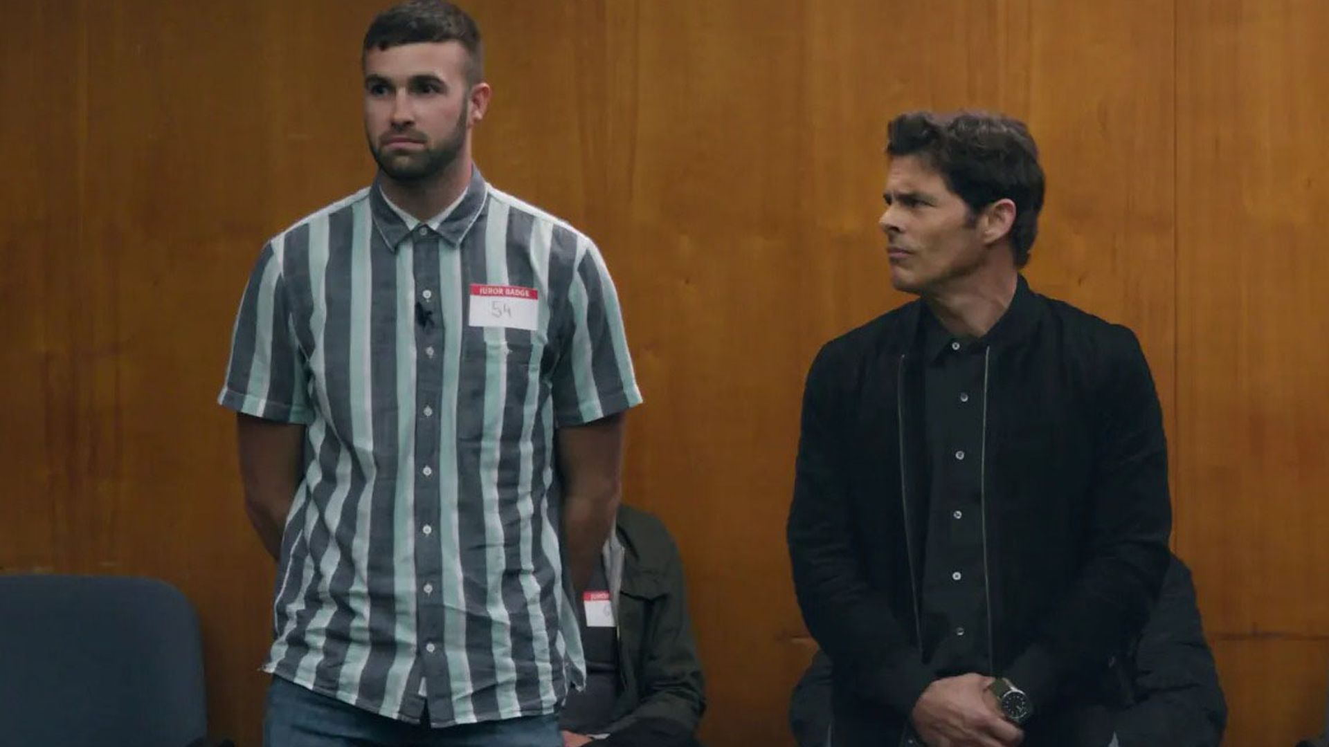 Ronald and James Marsden stand in Jury Duty
