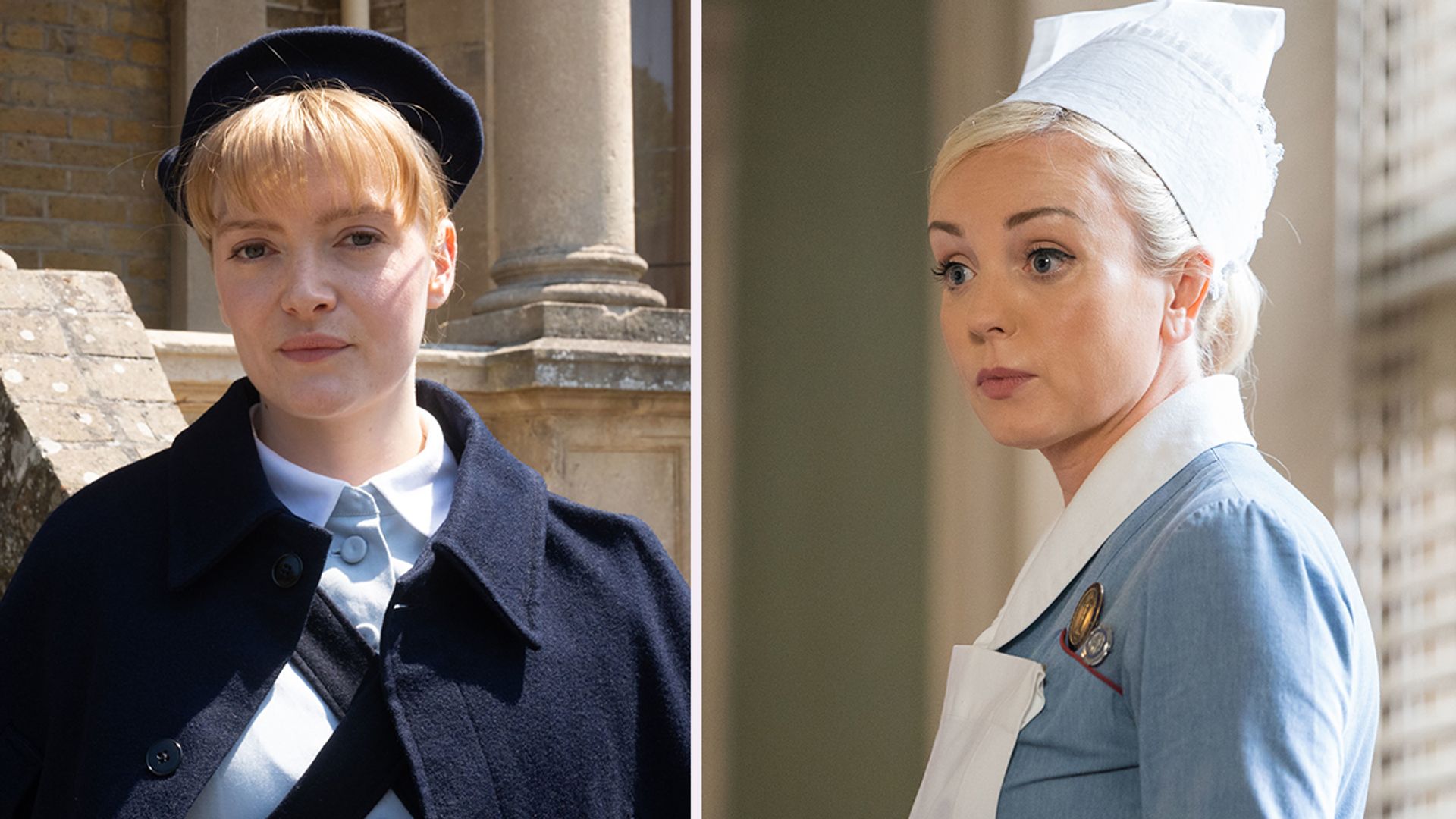 Natalie Quarry and Helen George in Call the Midwife in split image 