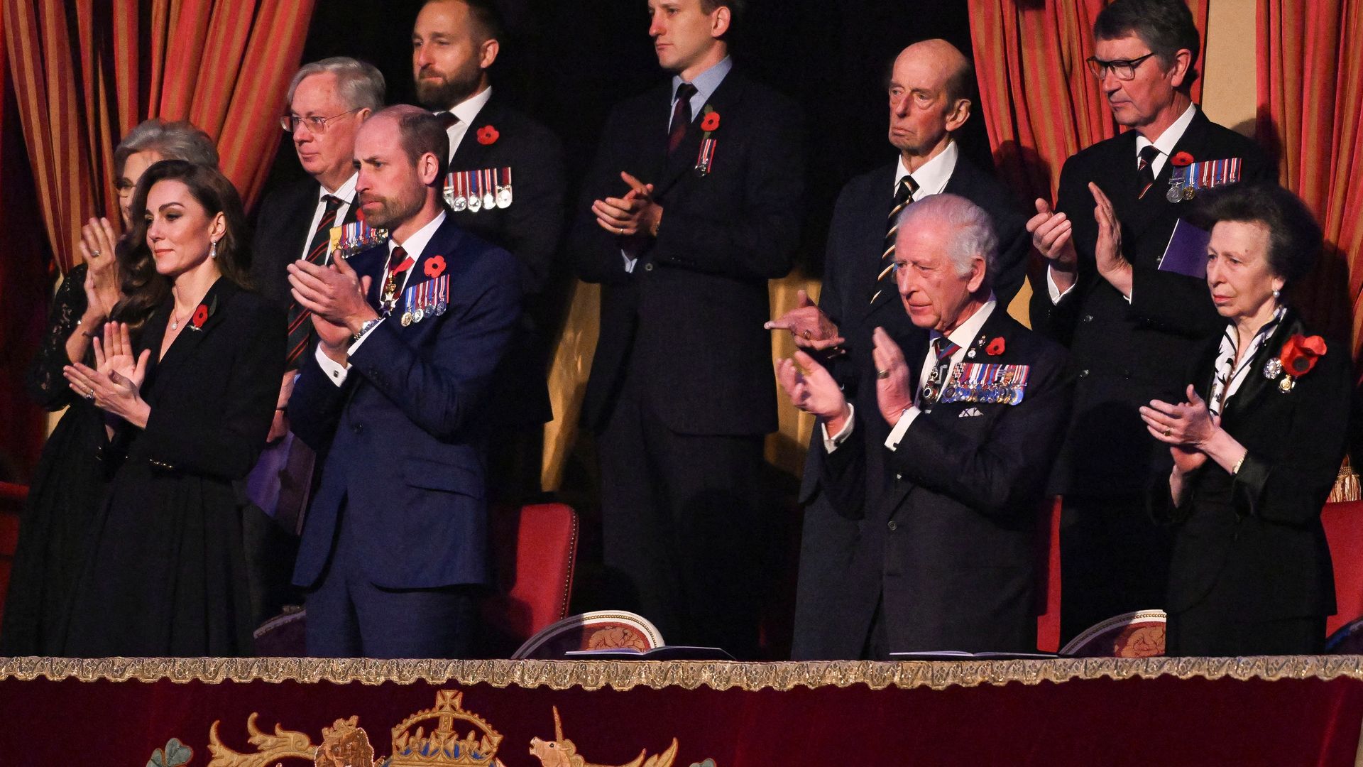 Front row (L-R) Britain's Catherine, Princess of Wales, Britain's Prince William, Prince of Wales, Britain's King Charles III and Britain's Princess Anne, Princess Royal attend "The Royal British Legion Festival of Remembrance" ceremony at Royal Albert Hall