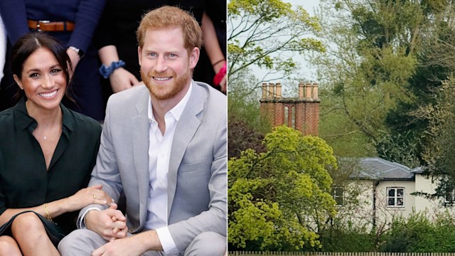 Harry and Meghan smiling and holding hands and Frogmore Cottage