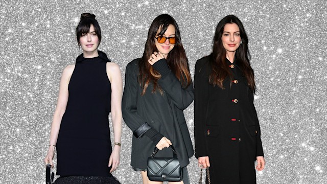 Anne Hathaway wearing all black outfits