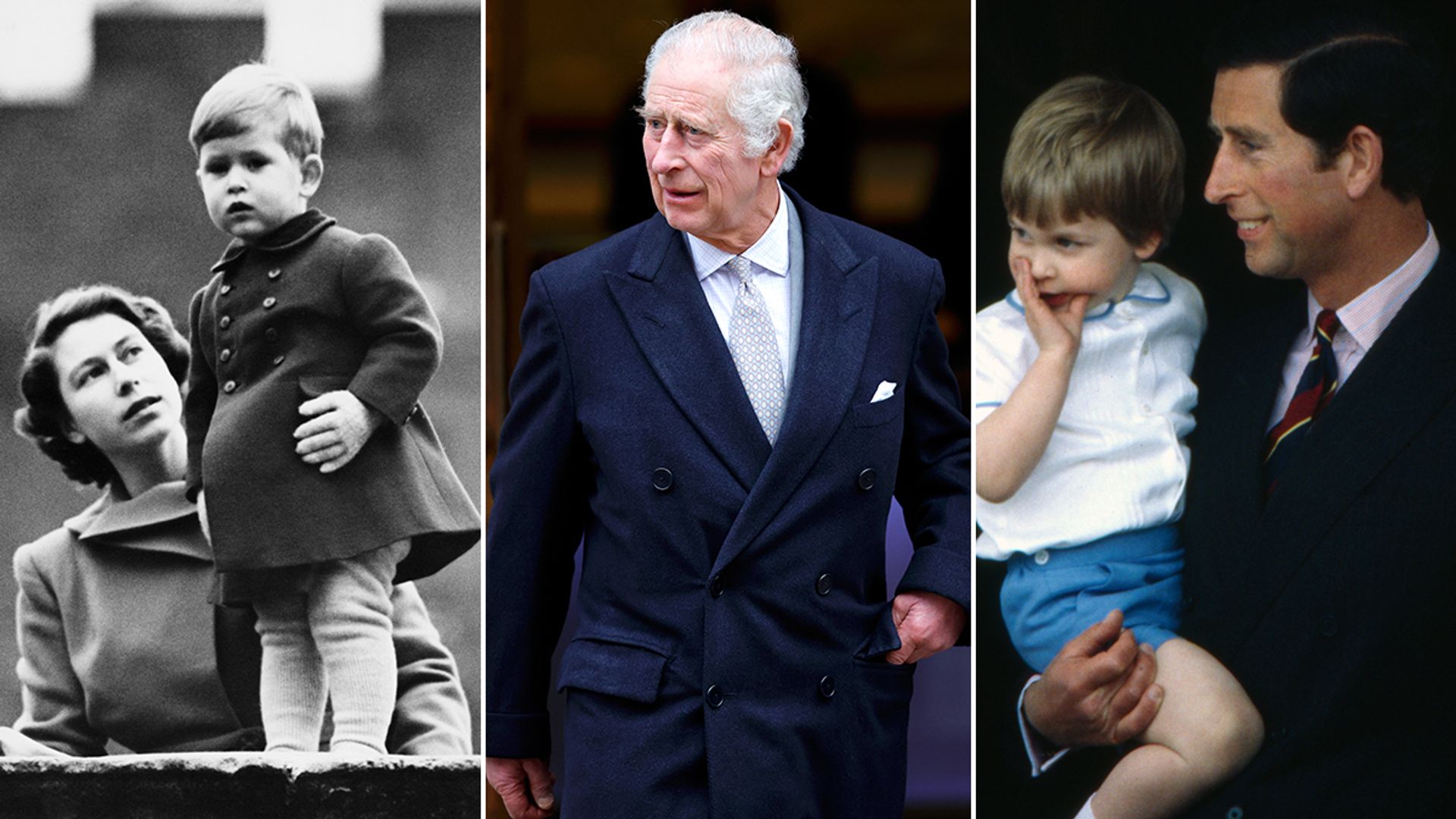 Split image of King Charles as a child, as he is now and as an adult with a baby Prince William