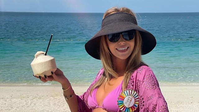 Amanda Holden wearing a pink bikini on holiday