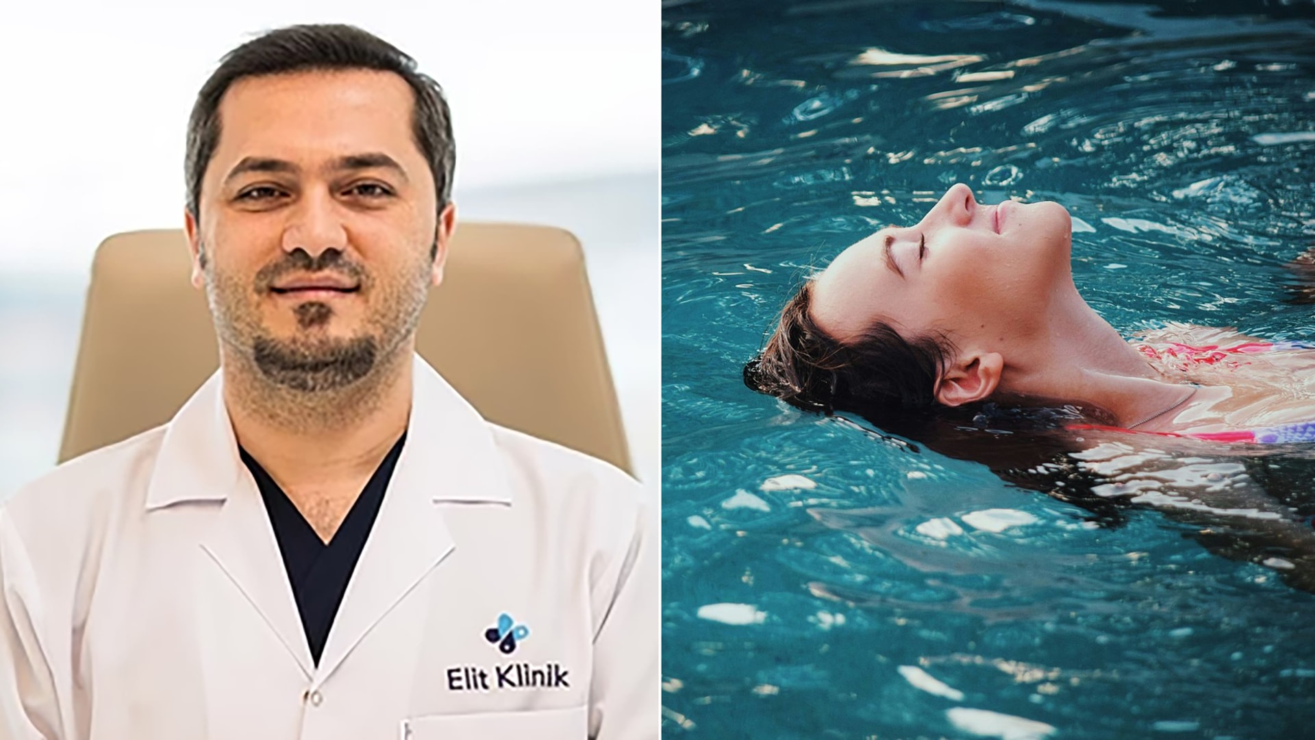 split image showing Dr Abdulaziz Balwi and stock image of woman swimming in a pool