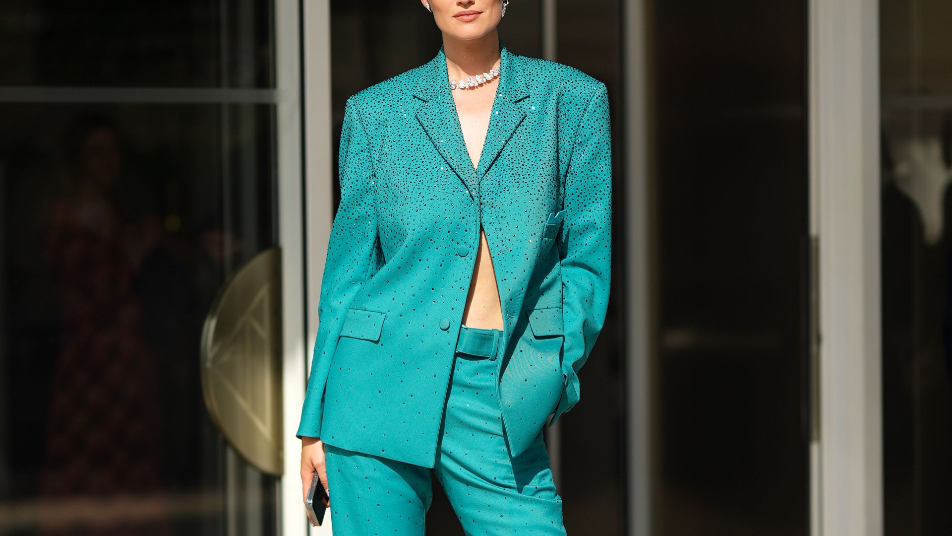 oni Garrn is seen during the 75th annual Cannes film festival  in aqua suit