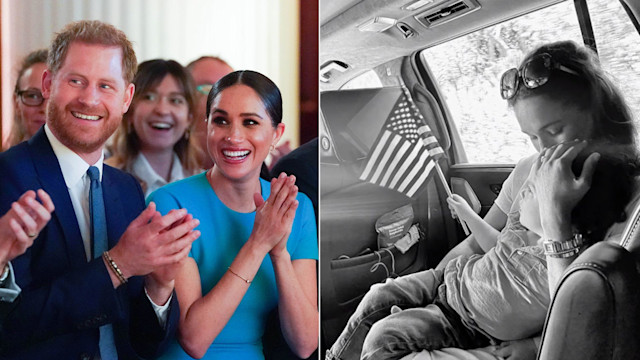 Harry and Meghan clapping, and Archie in the car with Meghan holding an American flag