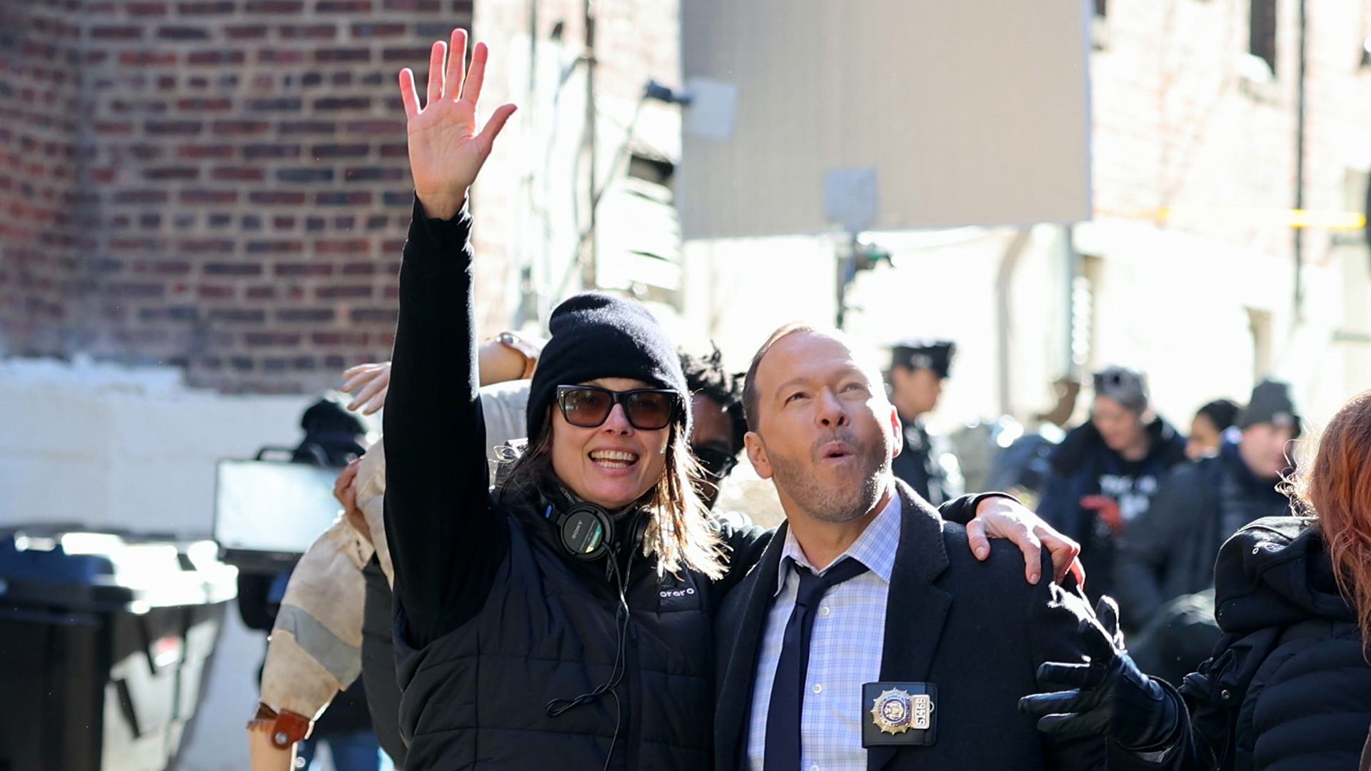 Bridget Moynahan and Donnie Wahlberg are seen on the set of "Blue Bloods"
