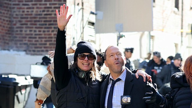 Bridget Moynahan and Donnie Wahlberg are seen on the set of "Blue Bloods"