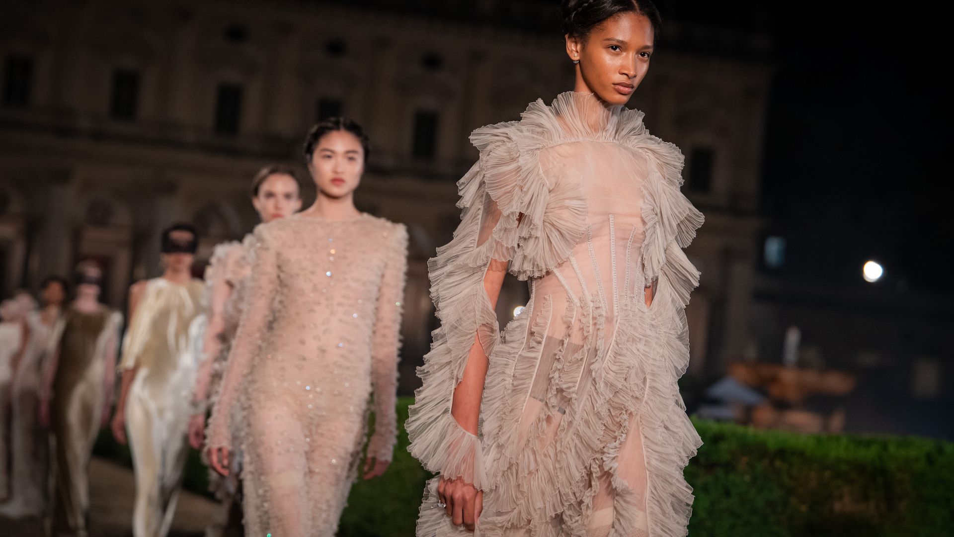 Models at the Dior Cruise 2026 show held at the Villa Albani Torlonia on May 27, 2025 in Rome, Italy. (Photo by Federico Lomartire/WWD via Getty Images)