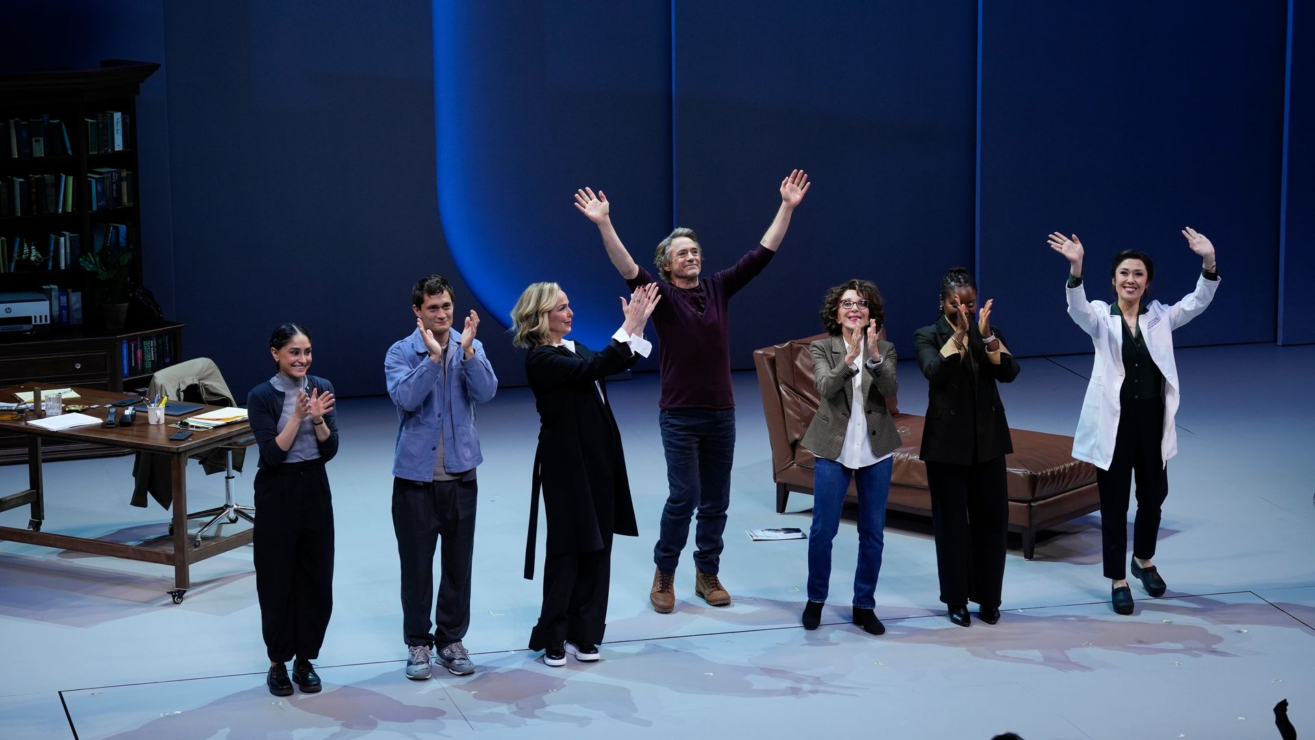 Saisha Talwar, Rafi Gavron, Melora Hardin, Robert Downey Jr., Andrea Martin, Brittany Bellizeare, and Ruthie Ann Miles pose onstage at "McNeal" opening night at Lincoln Center Theater starring Robert Downey Jr. on September 30, 2024 in New York City