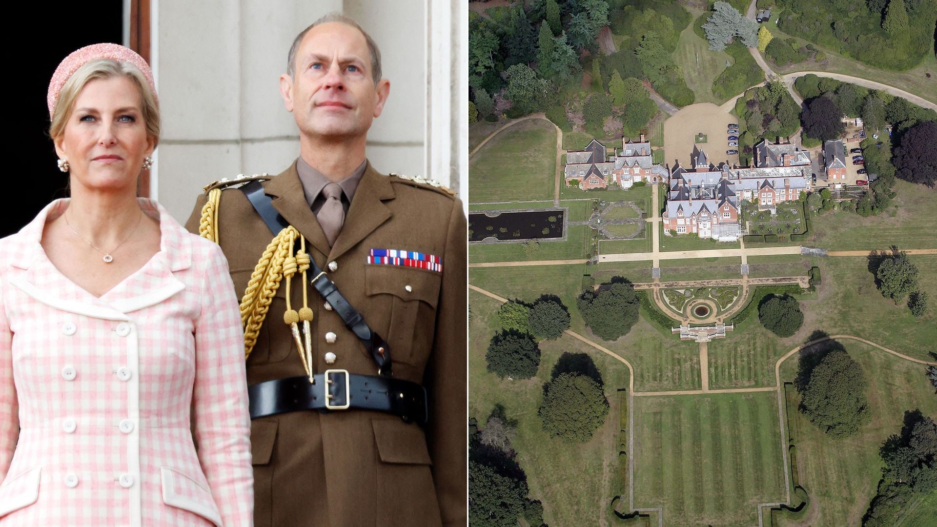 Edward and Sophie on balcony and aerial view of Bagshot Park