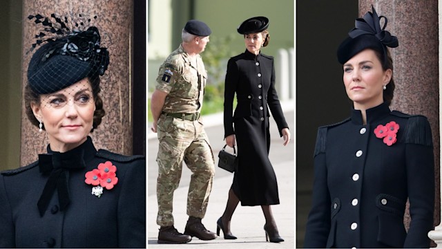 This image shows three side-by-side photos of Kate Middleton wearing a black, military-style coat at different events. In each look, she accessorizes uniquely: a black bow and hat with veil, an elegant updo, and a poppy pin. The center photo highlights Kate’s full outfit, featuring tailored structure and black pumps.