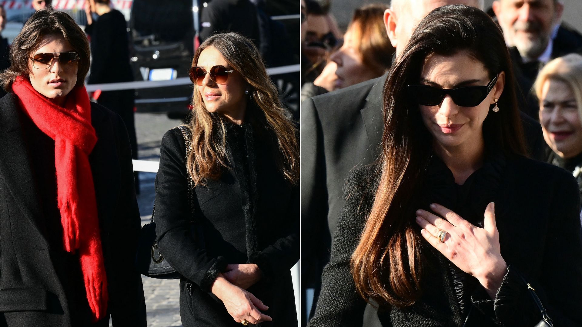 A split image of Elizabeth and Damian Hurley with Anne Hathway