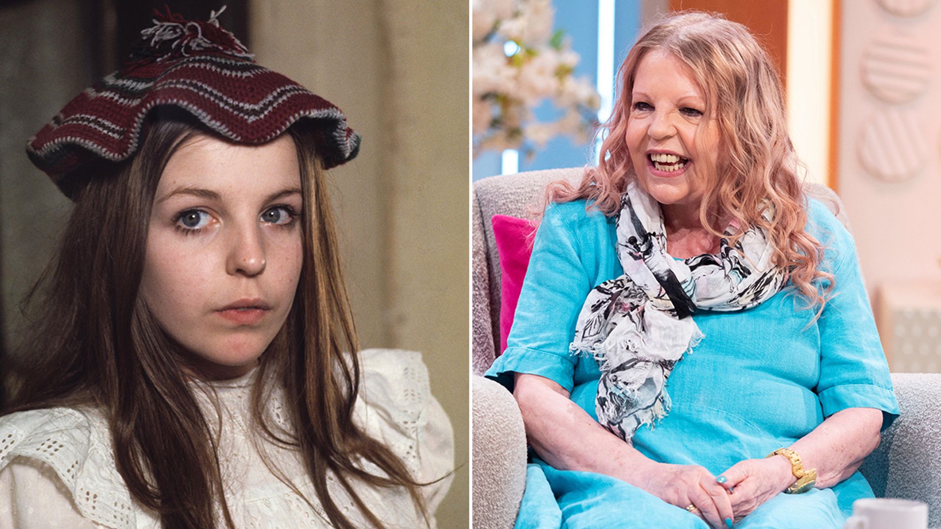 Split image of Sally Thomsett in The Railway Children and from a 2019 appearance