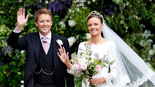 Hugh Grosvenor, Duke of Westminster and Olivia Grosvenor, Duchess of Westminster leave Chester Cathedral following their wedding ceremony 