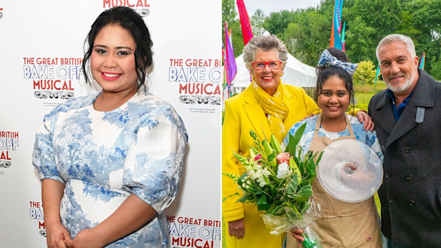 Split image of Syabira Yusoff at the GBBO Musical launch, and a photo after being crowned winner with Paul Hollywood and Prue Leith