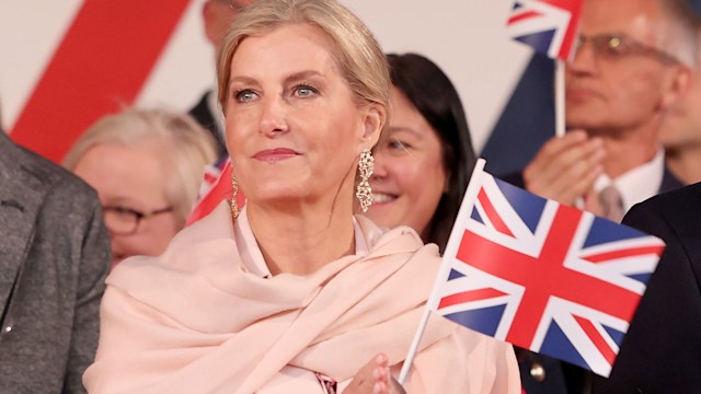 The Duchess of Edinburgh wore a blush pink coat to attend a concert to mark the 80th Anniversary of VE Day at Horse Guards Parade