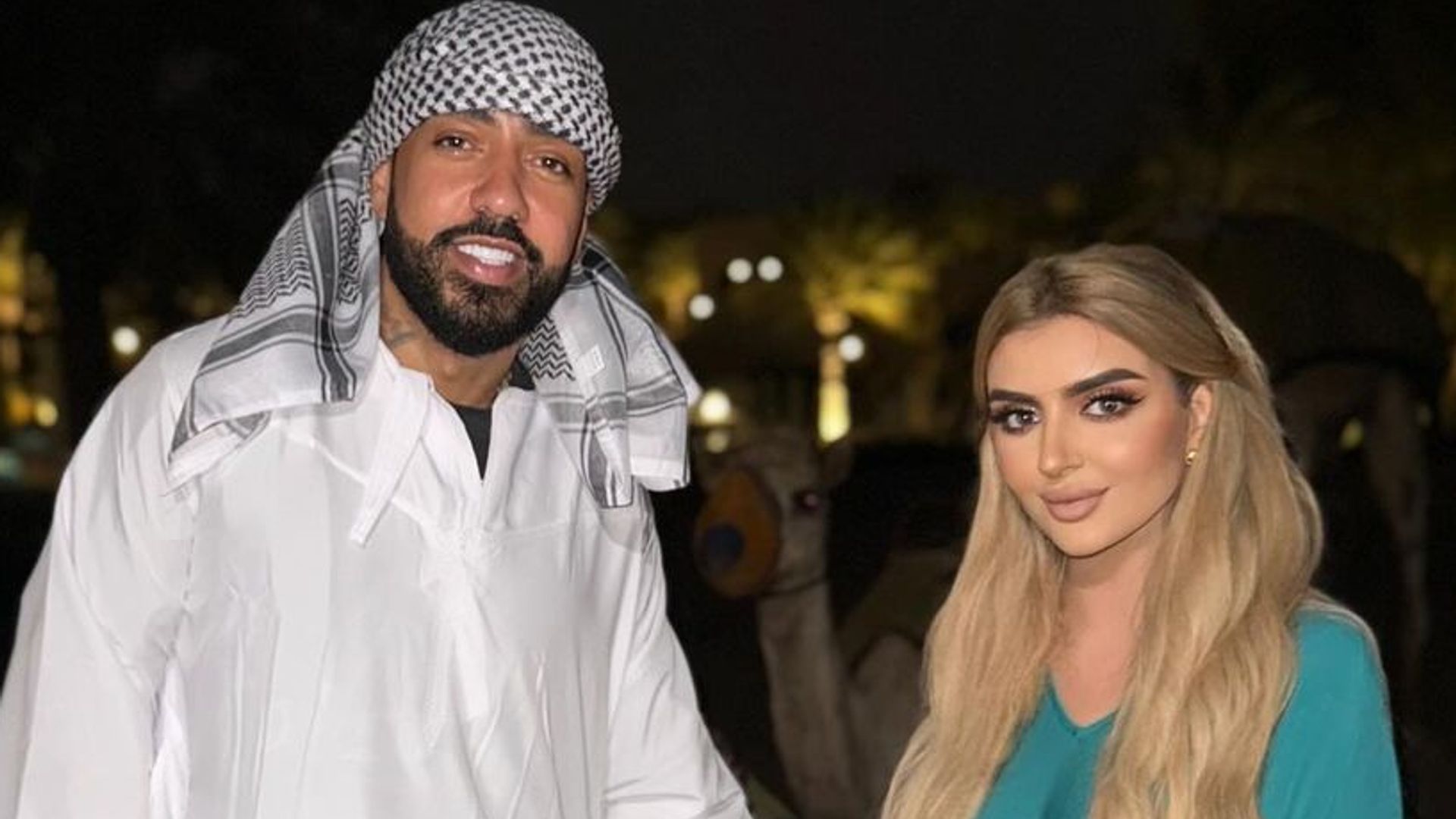 Sheikha Mahra in a green dress with French Montana and a camel
