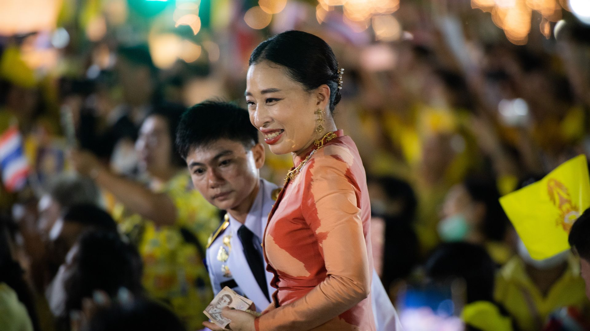 Princess Bajrakitiyabha greets royalist supporters outside the Grand Palace in Bangkok on November 1, 2020 in Bangkok, Thailand. (Photo by Vachira Vachira/NurPhoto via Getty Images)