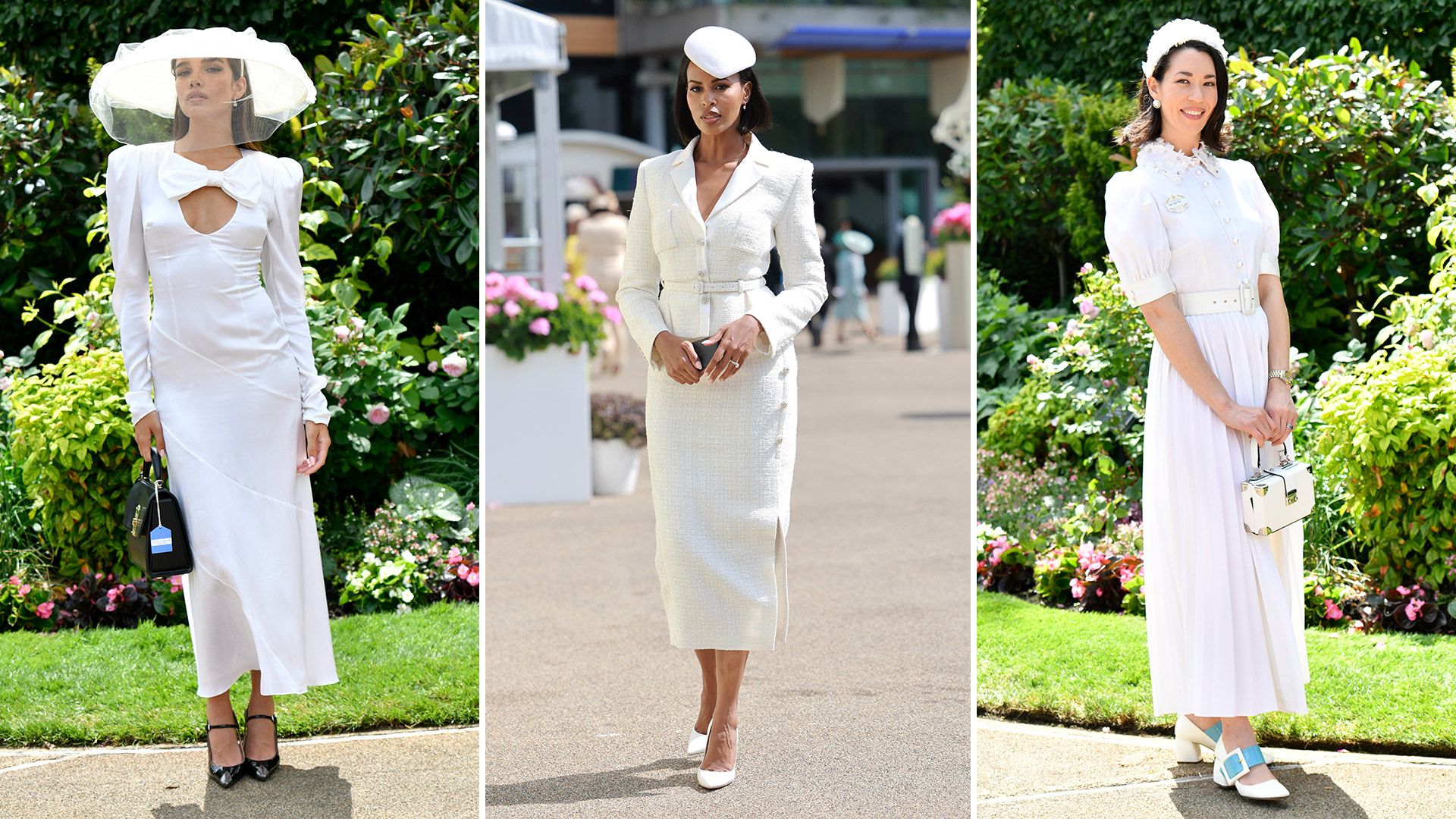 Three Ascot guests wearing all-white outfits 