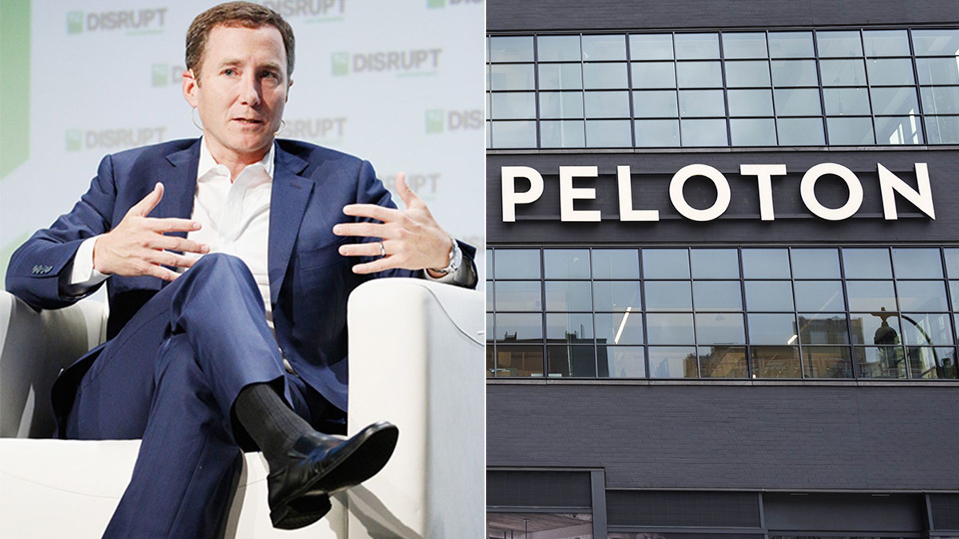 A split image of John Foley and the Peloton building