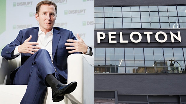 A split image of John Foley and the Peloton building 