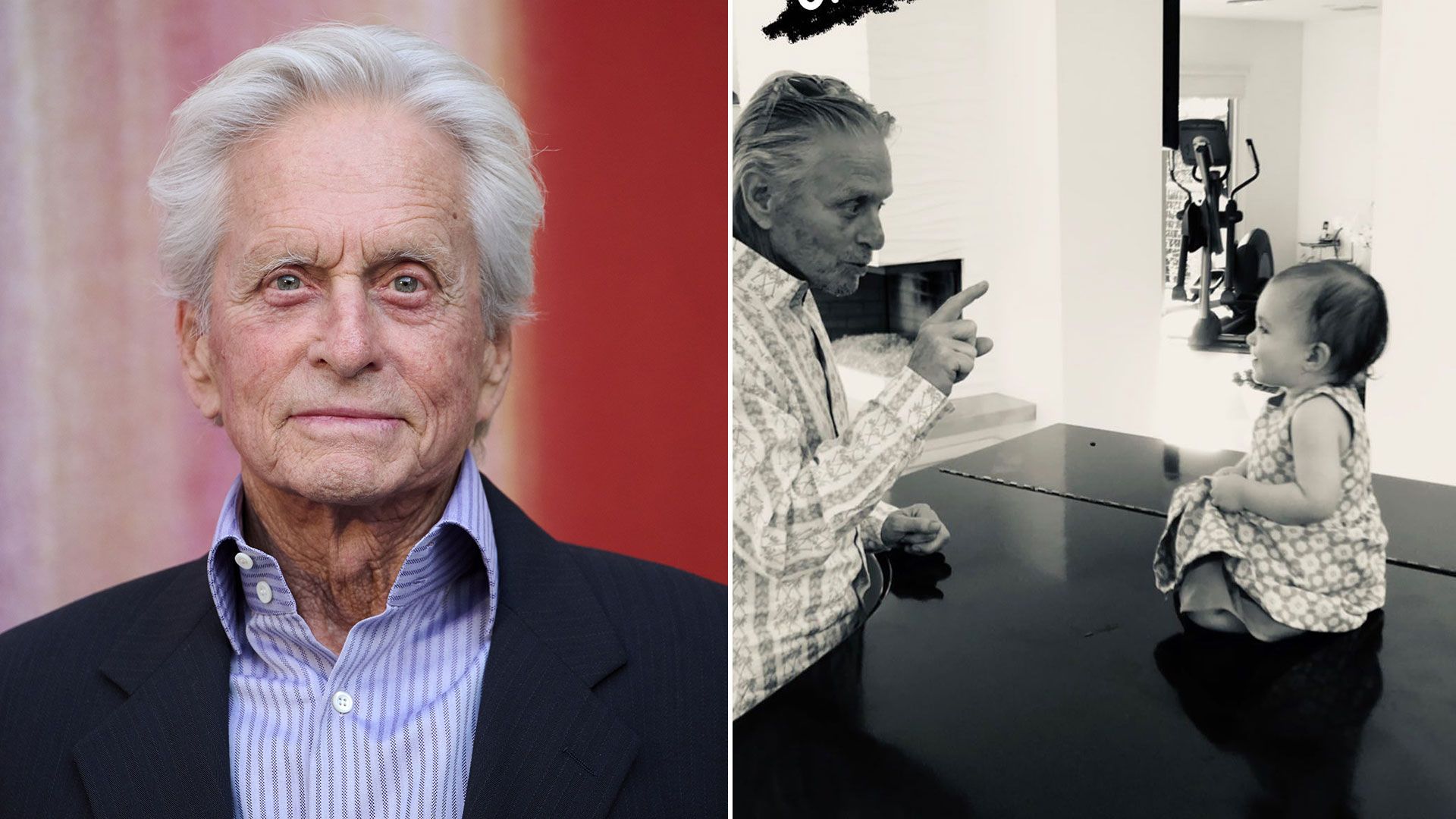 michael douglas in suit beside photo of michael pointing at baby girl