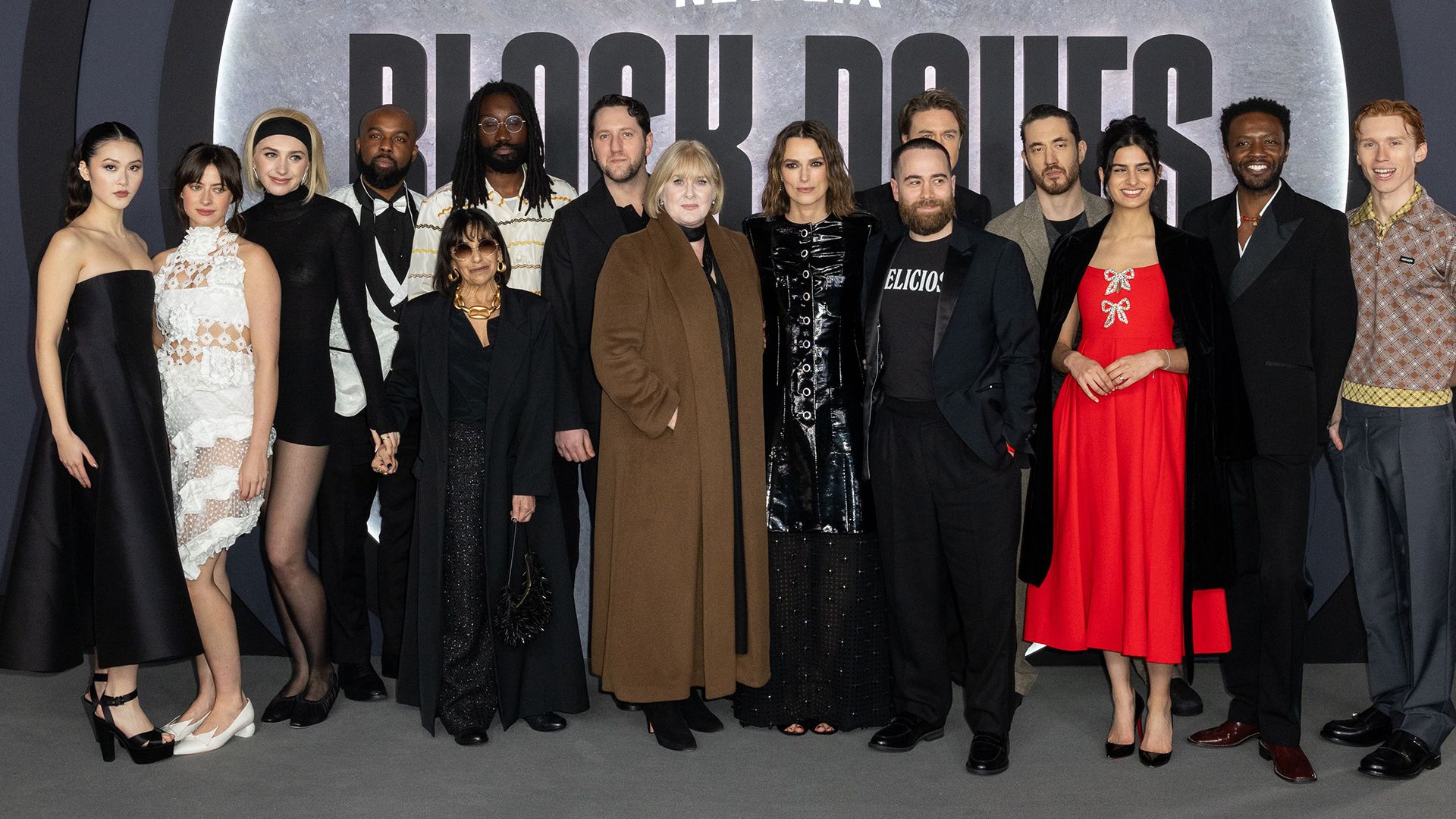 Isabella Wei, Agnes O'Casey, Ella Lily Hyland, Ken Nwosu, Kathryn Hunter, Nathan Stewart-Jarrett, Adam Silver, Sarah Lancashire, Keira Knightley, Joe Barton, Andrew Buchan, Andrew Koji, Hannah Khalique, Omari Douglas and Luther Ford at the Black Doves premiere