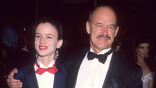Geoffrey Lewis and Juliet Lewis both wearing suits at a red carpet event in 1992
