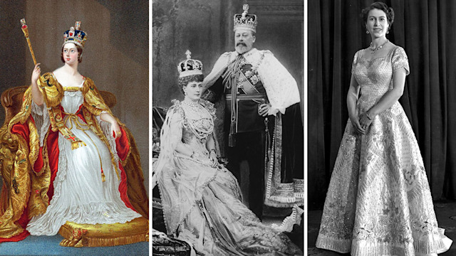 Queen Victoria, King Edward VII and Queen Elizabeth II in Coronation attire 