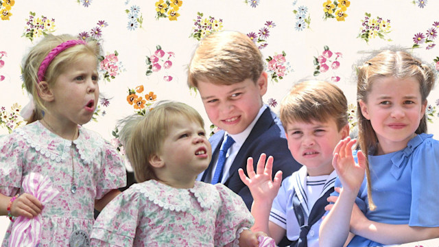 young princess beatrice and eugenie on floral backdrop with Prince george, prince louis and princess charlotte