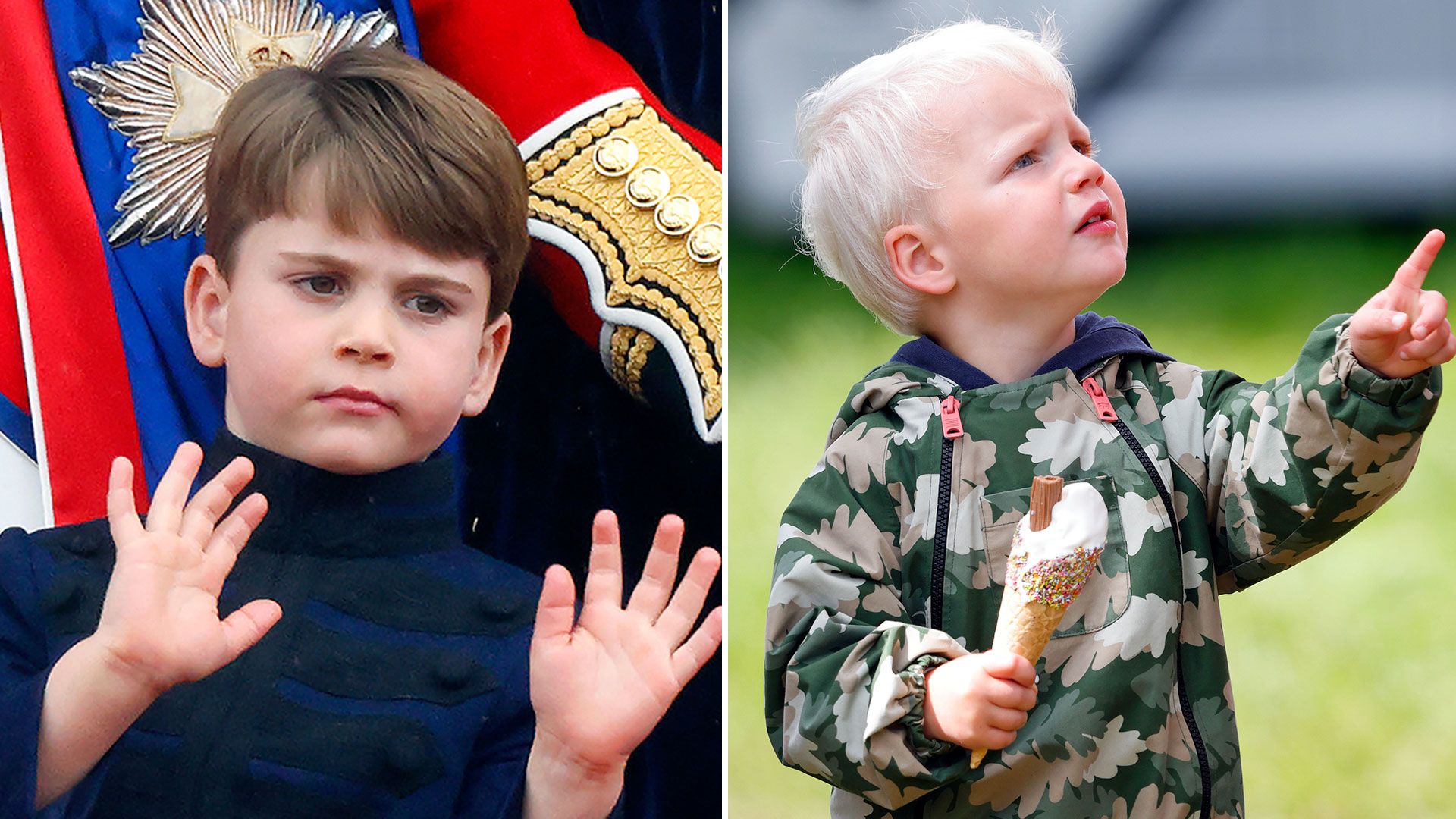 Prince Louis with hands up beside photo of Lucas Tindall holding ice cream