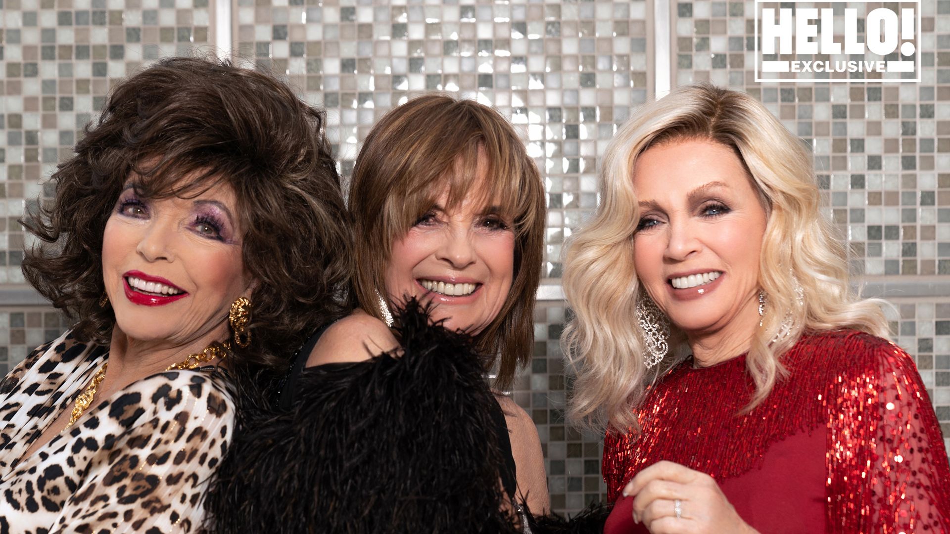 Clad in leopard print, Joan Collins poses for photos with Linda Gray and Donna Mills