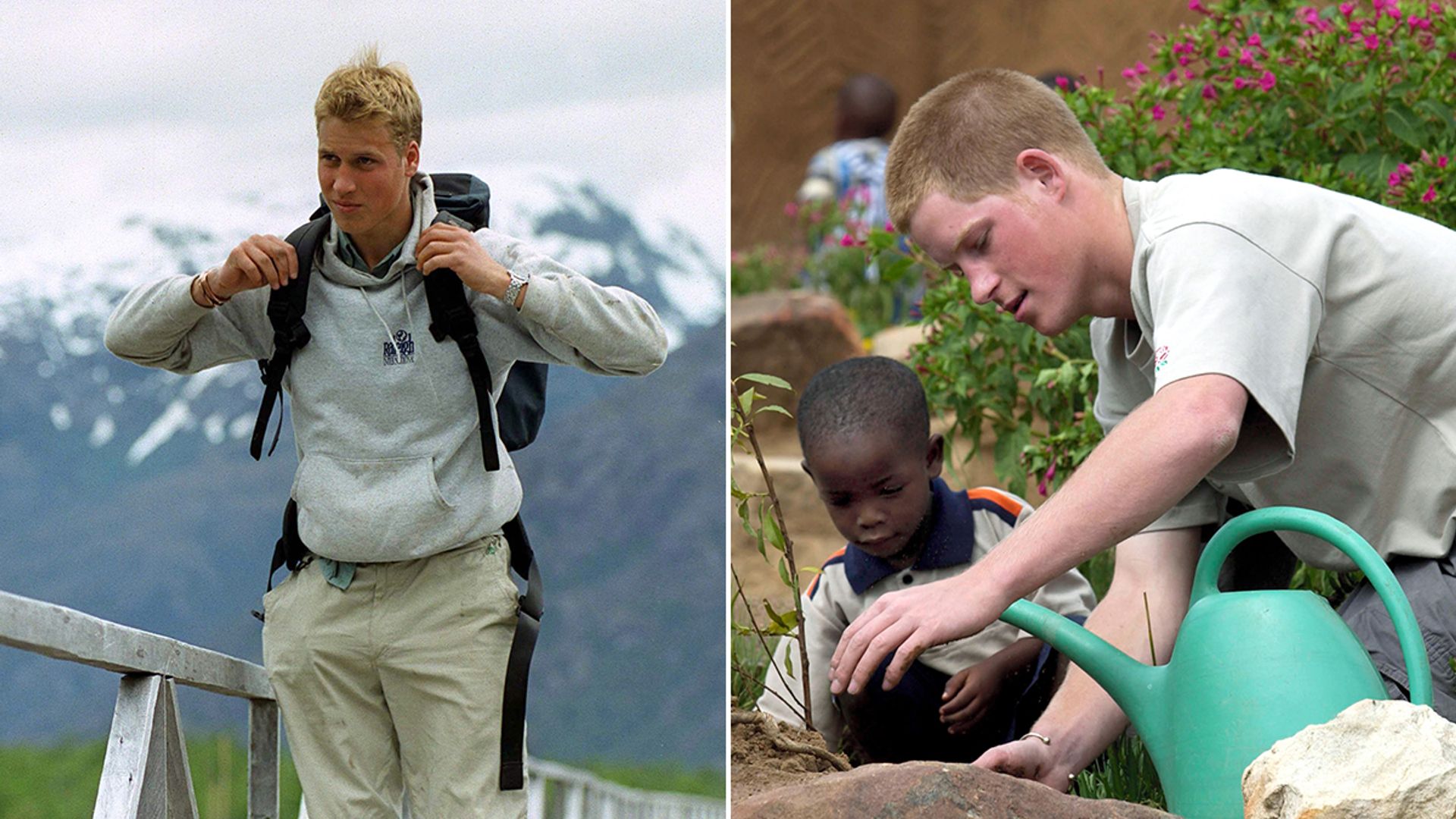 Split image of Prince William backpacking and Prince Harry working with an orphan