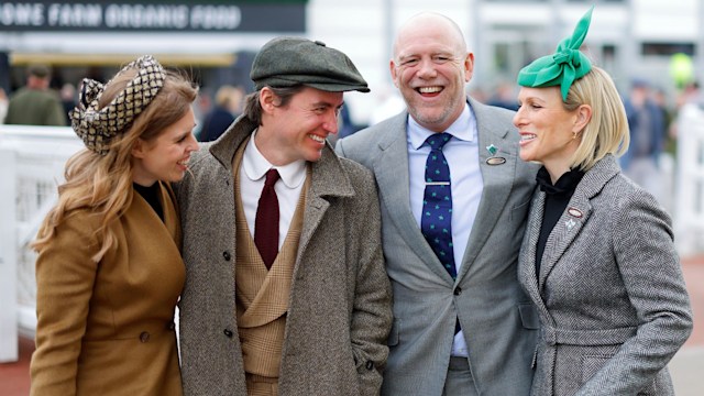 Princess Beatrice, Edoardo Mapelli Mozzi, Mike Tindall and Zara Tindall attend day 3 'St Patrick's Thursday' of the Cheltenham Festival at Cheltenham Racecourse on March 14, 2024 in Cheltenham, England