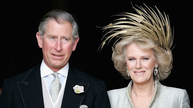  TRH the Prince of Wales, Prince Charles, and The Duchess Of Cornwall, Camilla Parker Bowles in silk dress by Robinson Valentine and head-dress by Philip Treacy, at the Service of Prayer and Dedication blessing their marriage at Windsor Castle on April 9,