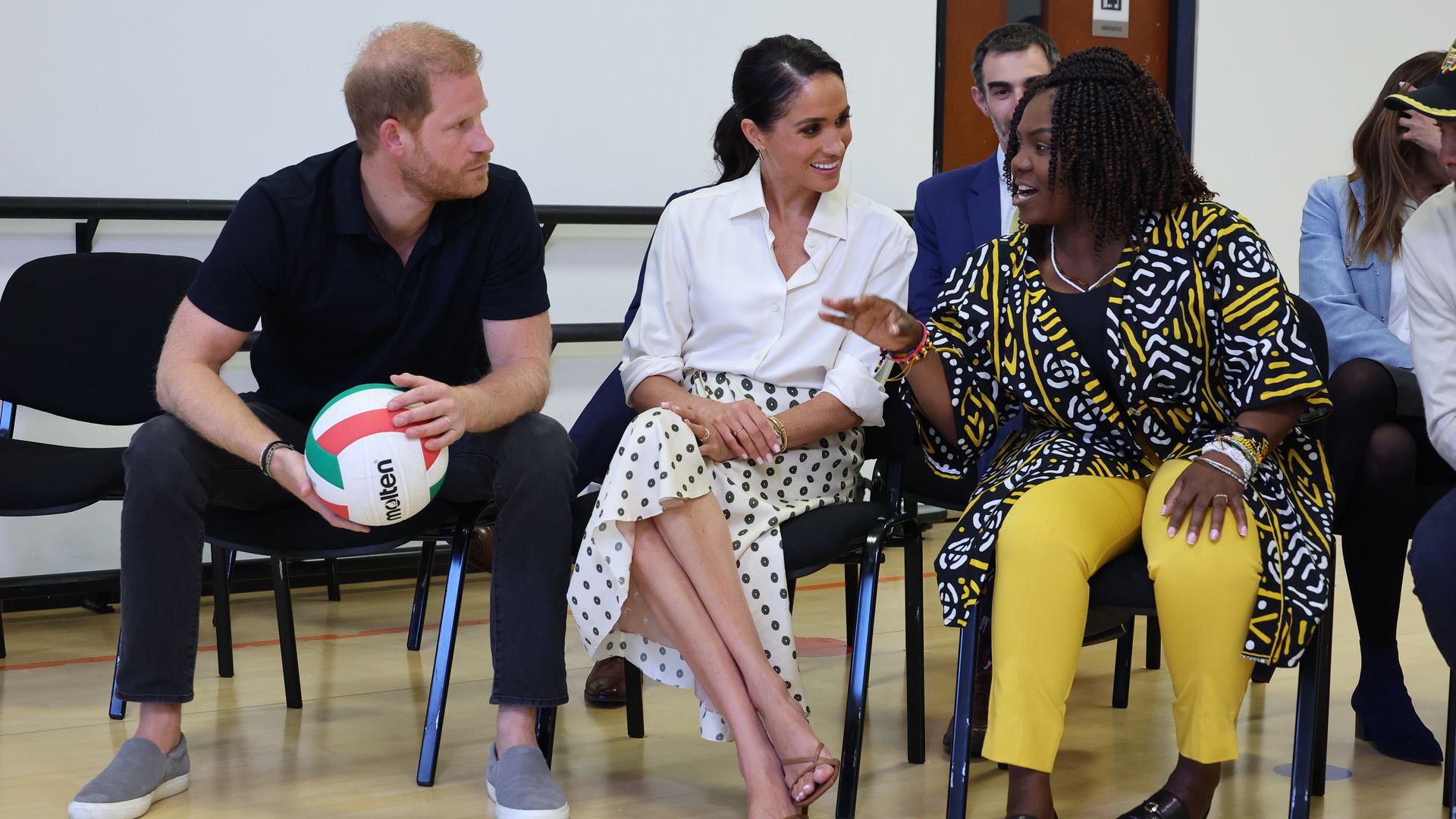 Prince HMeghan, harry and francia Marquez talking sitting