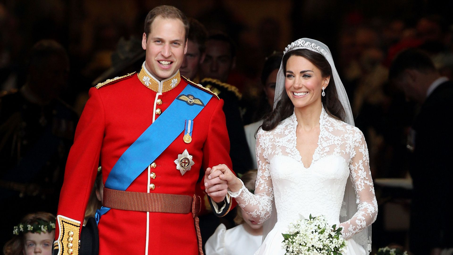 TRH Prince William, Duke of Cambridge and Catherine, Duchess of Cambridge smile following their marriage at Westminster Abbey on April 29, 2011 in London, England. 