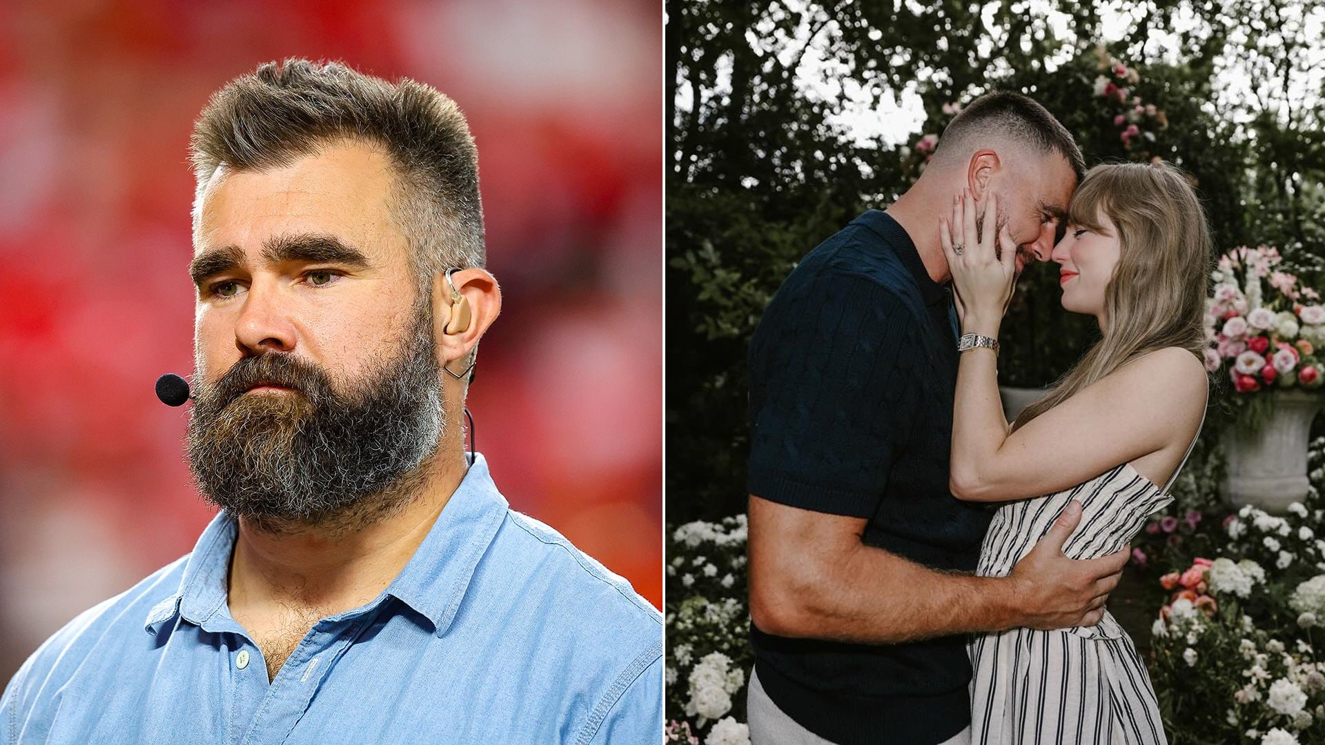 split photo of jason kelce and engagement photo of travis kelce and taylor swift