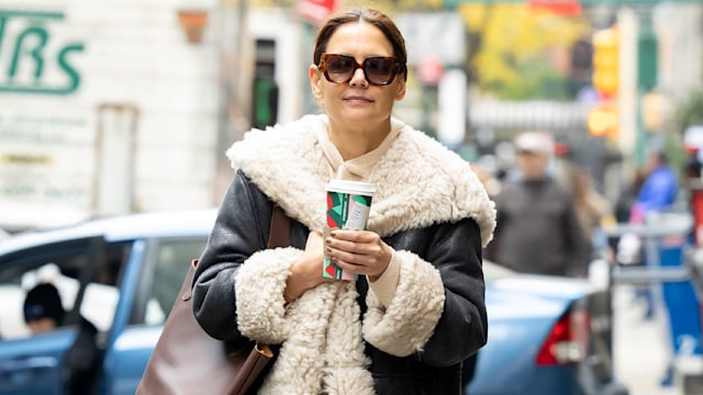 katie holmes in a shearling coat