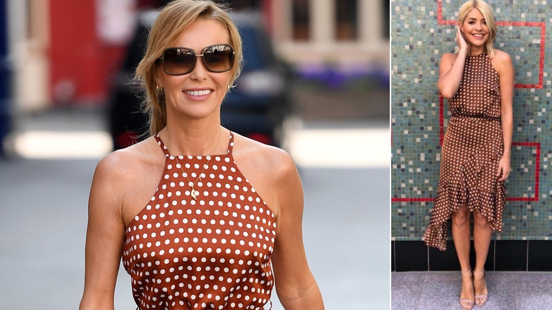 Amanda Holden puts on a chic display in green and white polka dot