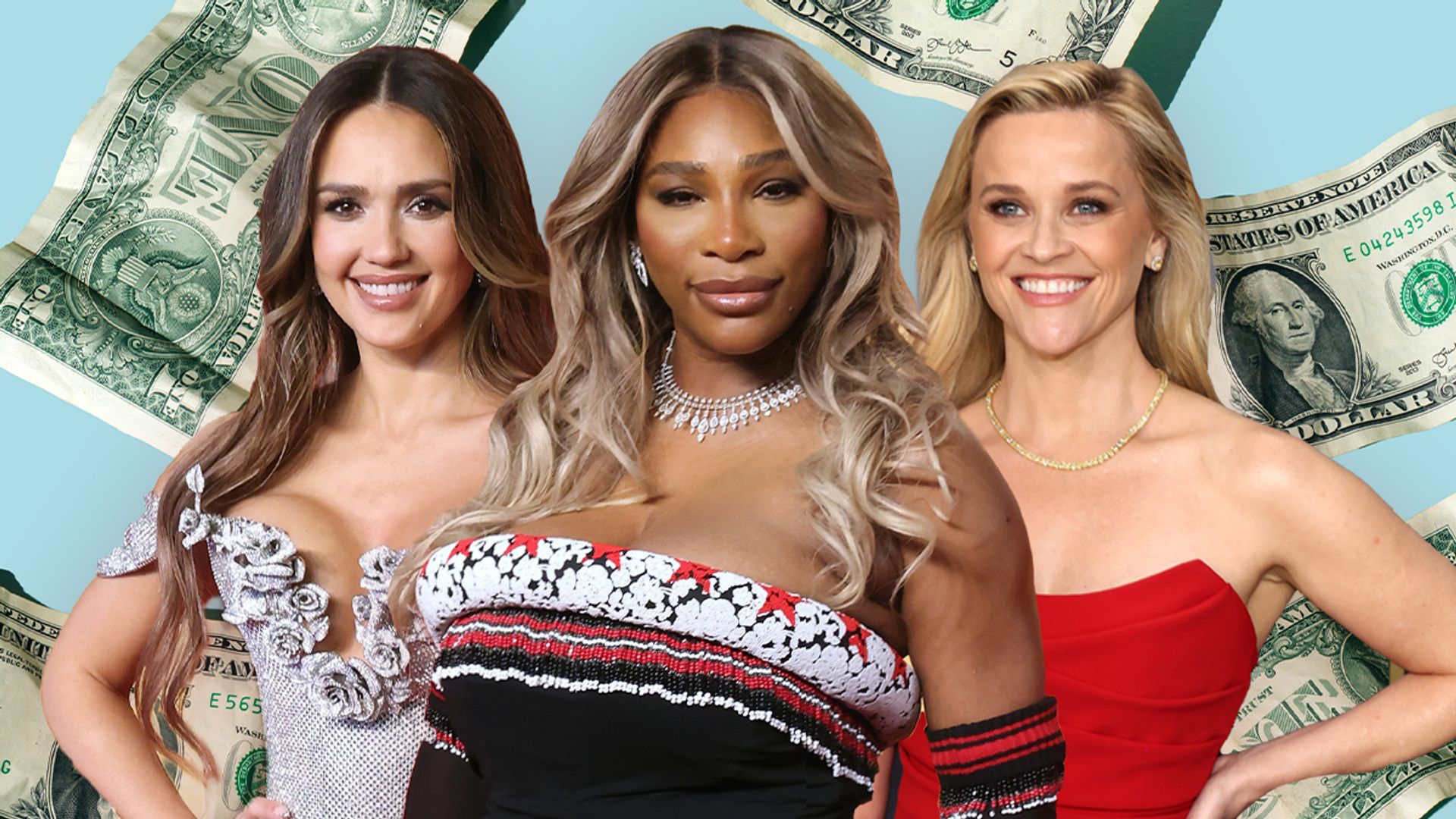 Jessica Alba Serena Williams and Reese Witherspoon composite image over dollar bills 